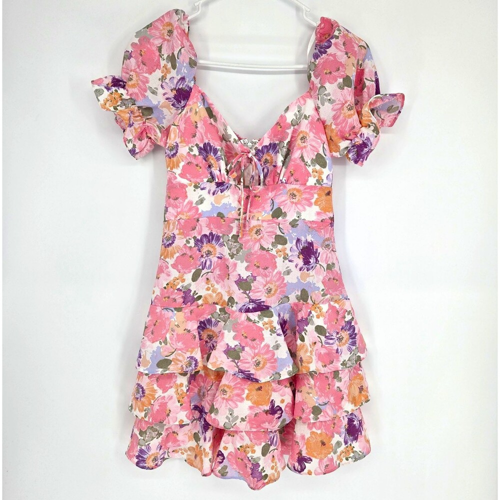 City Studio Juniors Floral Puff Sleeve Ruffle Mini Dress V-Neck Size 5 Coquette
